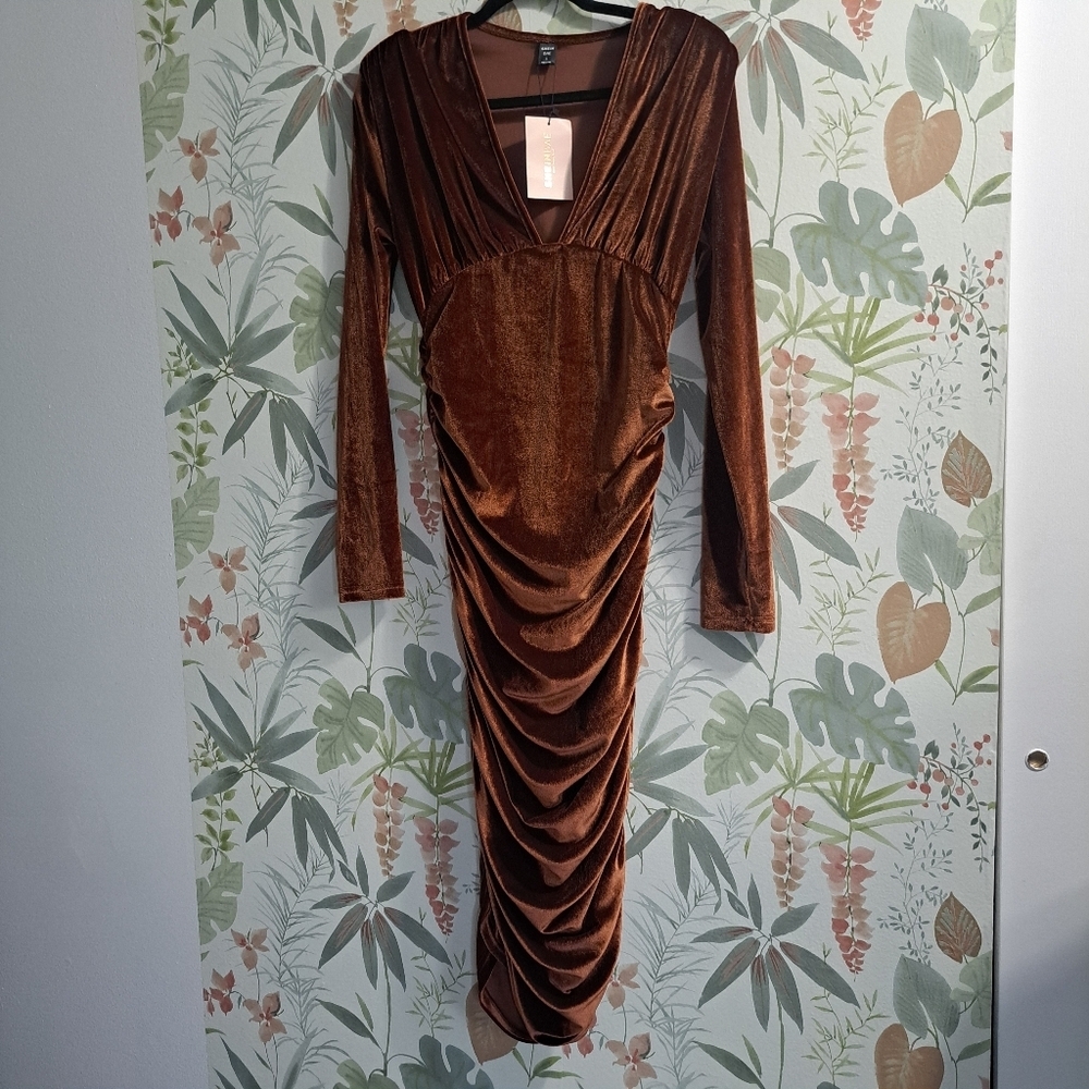 Shein Bae Rouched Velvet Deep V Neck Bodycon Dress Padded Shoulders SZ L
